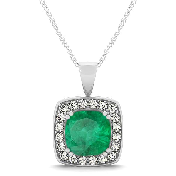 Emerald & Diamond Halo Cushion Pendant Necklace 14k White Gold (1.60ct)