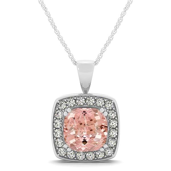 Pink Morganite & Diamond Halo Cushion Pendant Necklace 14k White Gold (1.95ct)