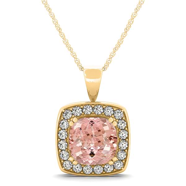 Pink Morganite & Diamond Halo Cushion Pendant Necklace 14k Yellow Gold (1.95ct)