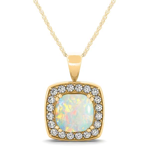 Opal & Diamond Halo Cushion Pendant Necklace 14k Yellow Gold (1.54ct)