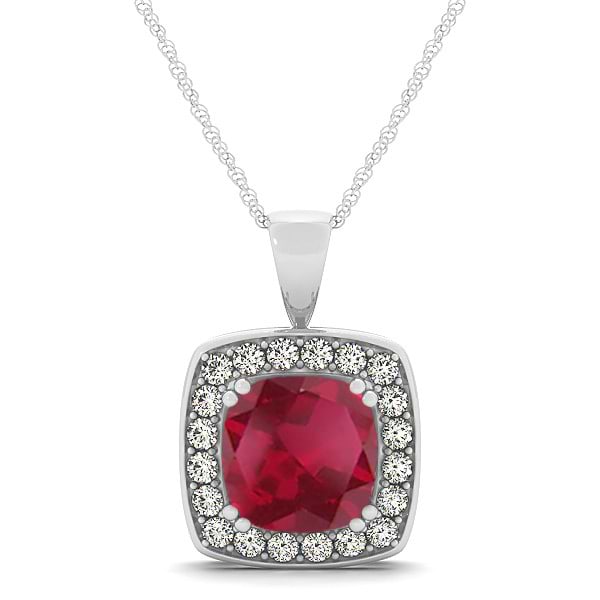 Ruby & Diamond Halo Cushion Pendant Necklace 14k White Gold (1.93ct)