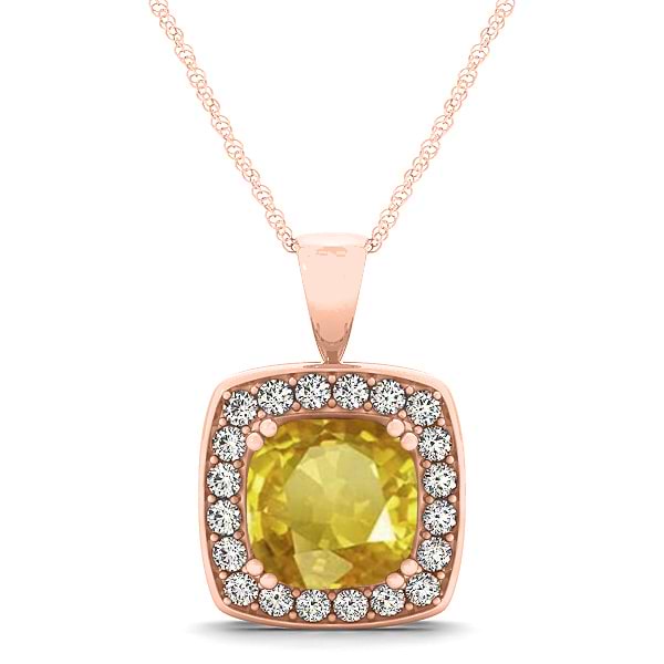 Yellow Sapphire & Diamond Halo Cushion Pendant Necklace 14k Rose Gold (1.93ct)
