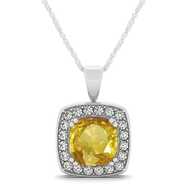 Yellow Sapphire & Diamond Halo Cushion Pendant Necklace 14k White Gold (1.93ct)