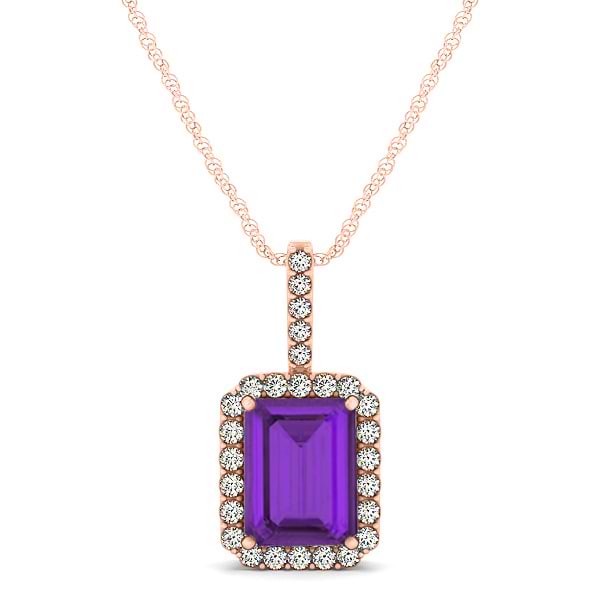 Diamond & Emerald Cut Amethyst Halo Pendant Necklace 14k Rose Gold (1.19ct)