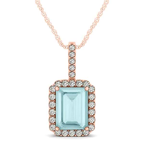 Diamond & Emerald Cut Aquamarine Halo Pendant Necklace 14k Rose Gold (3.25ct)