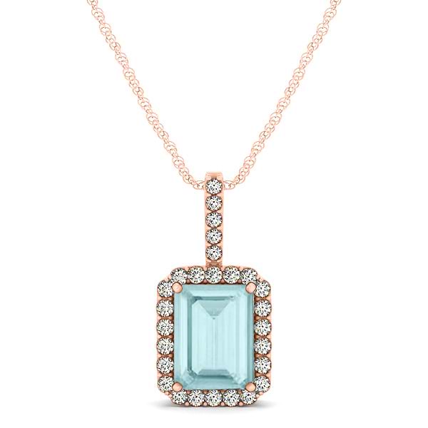 Diamond & Emerald Cut Aquamarine Halo Pendant Necklace 14k Rose Gold (1.00ct)