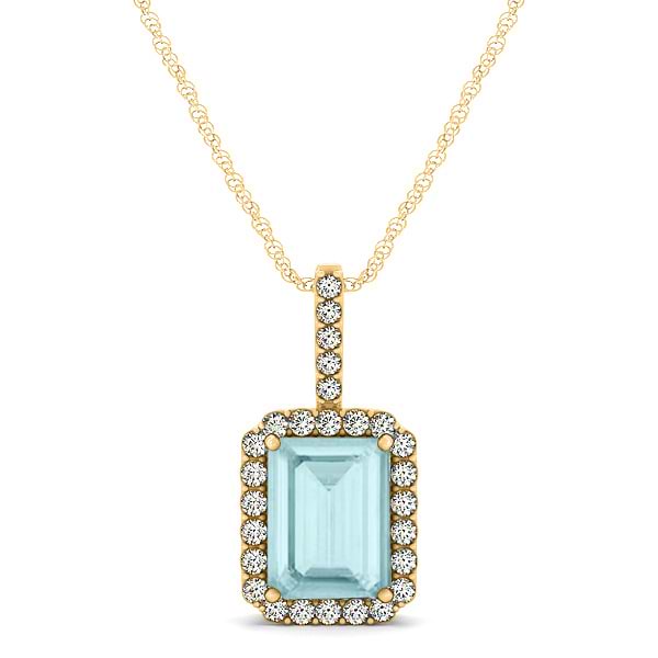 Diamond & Emerald Cut Aquamarine Halo Pendant Necklace 14k Yellow Gold (1.00ct)