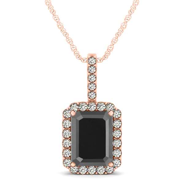 Diamond & Emerald Cut Black Diamond Halo Pendant Necklace 14k Rose Gold (4.04ct)