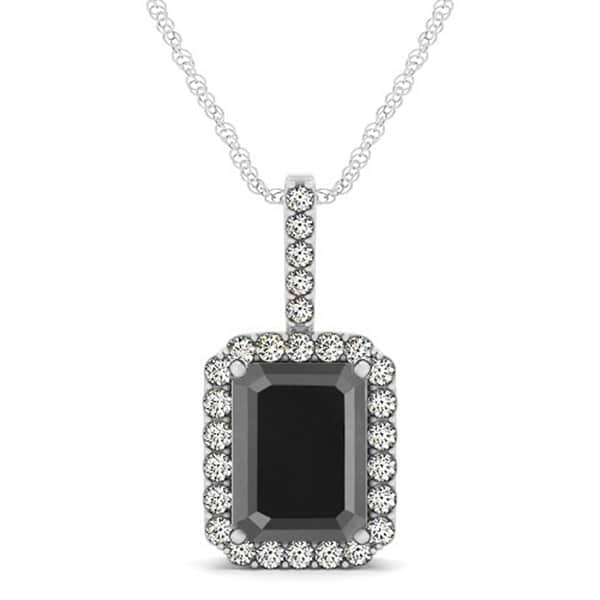 Diamond & Emerald Cut Black Diamond Halo Pendant Necklace 14k White Gold (4.04ct)