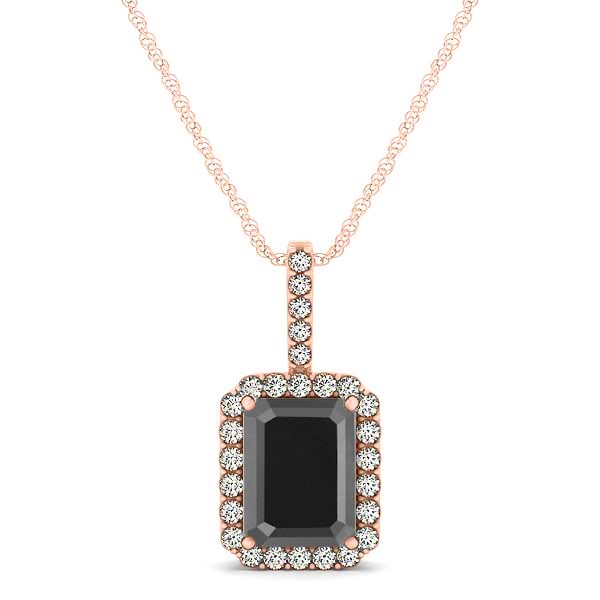 Diamond & Emerald Cut Black Diamond Halo Pendant Necklace 14k Rose Gold (1.25ct)