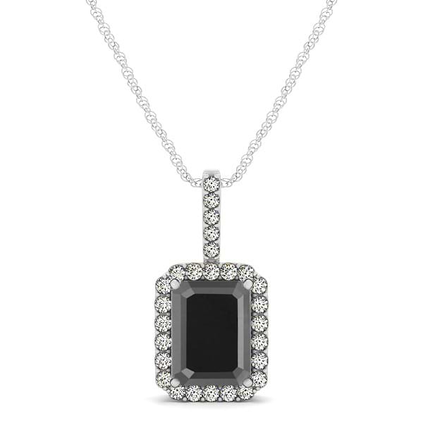 Diamond & Emerald Cut Black Diamond Halo Pendant Necklace 14k White Gold (1.25ct)