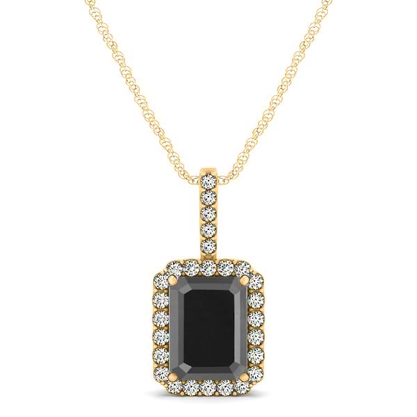 Diamond & Emerald Cut Black Diamond Halo Pendant Necklace 14k Yellow Gold (1.25ct)