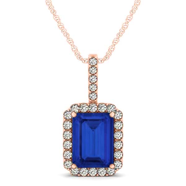 Diamond & Emerald Cut Blue Sapphire Halo Pendant Necklace 14k Rose Gold (4.25ct)