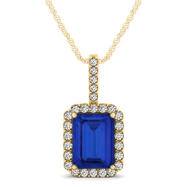 Lab Grown Diamond & Emerald Cut Blue Sapphire Halo Pendant 14k Yellow Gold (4.25ct)