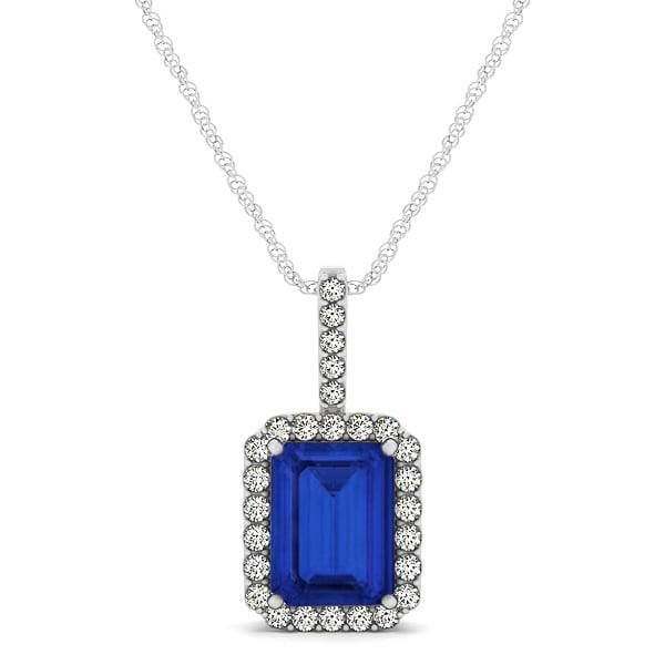 Diamond & Emerald Cut Blue Sapphire Halo Pendant Necklace 14k White Gold (1.34ct)