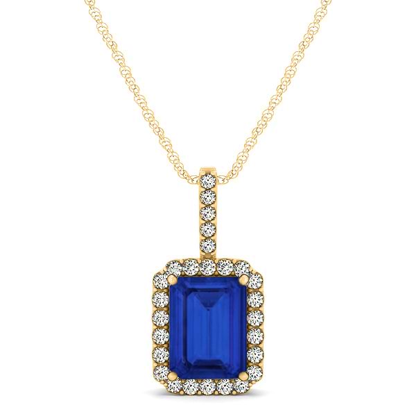 Diamond & Emerald Cut Blue Sapphire Halo Pendant Necklace 14k Yellow Gold (1.34ct)