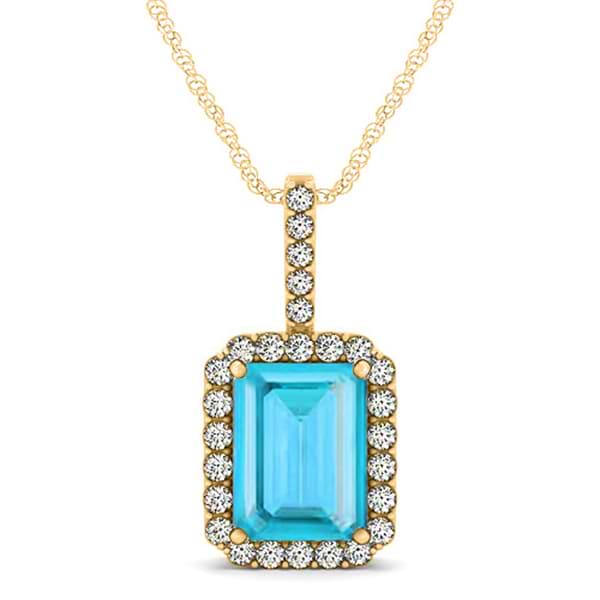 Diamond & Emerald Cut Blue Topaz Halo Pendant Necklace 14k Yellow Gold (4.25ct)