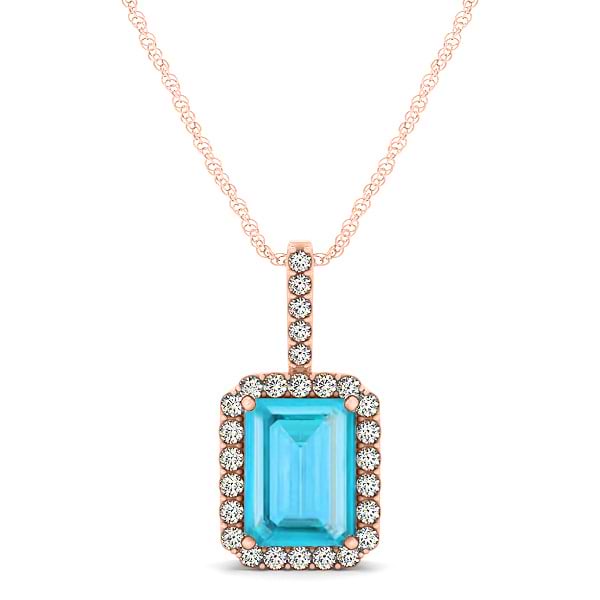 Diamond & Emerald Cut Blue Topaz Halo Pendant Necklace 14k Rose Gold (1.44ct)