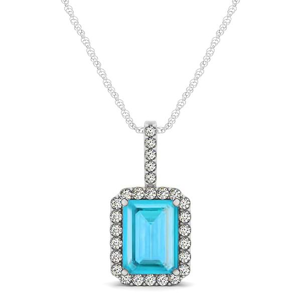 Diamond & Emerald Cut Blue Topaz Halo Pendant Necklace 14k White Gold (1.44ct)