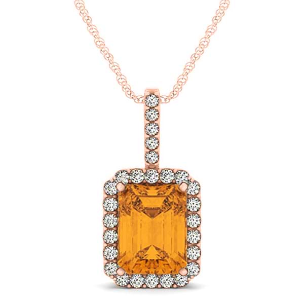 Diamond & Emerald Cut Citrine Halo Pendant Necklace 14k Rose Gold (4.25ct)