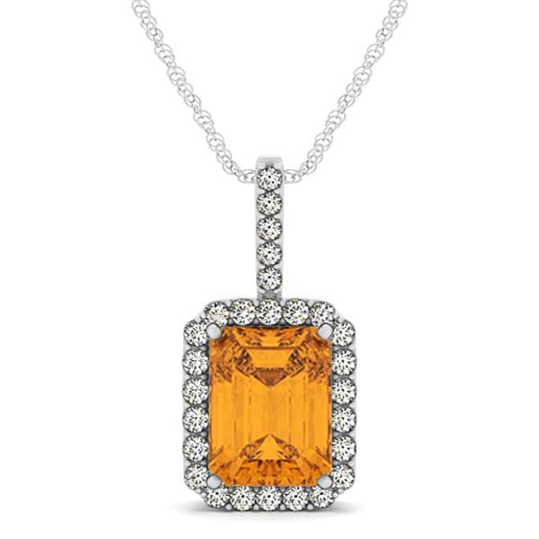 Diamond & Emerald Cut Citrine Halo Pendant Necklace 14k White Gold (4.25ct)