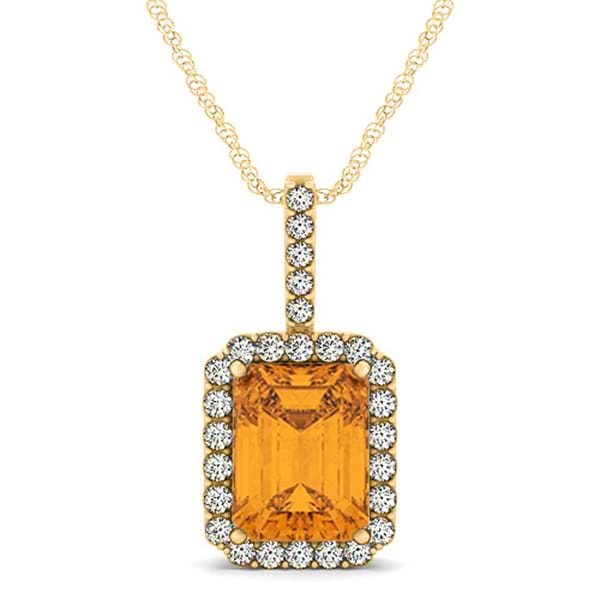 Diamond & Emerald Cut Citrine Halo Pendant Necklace 14k Yellow Gold (4.25ct)