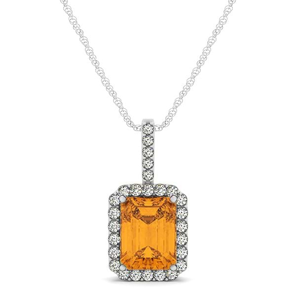 Diamond & Emerald Cut Citrine Halo Pendant Necklace 14k White Gold (1.19ct)