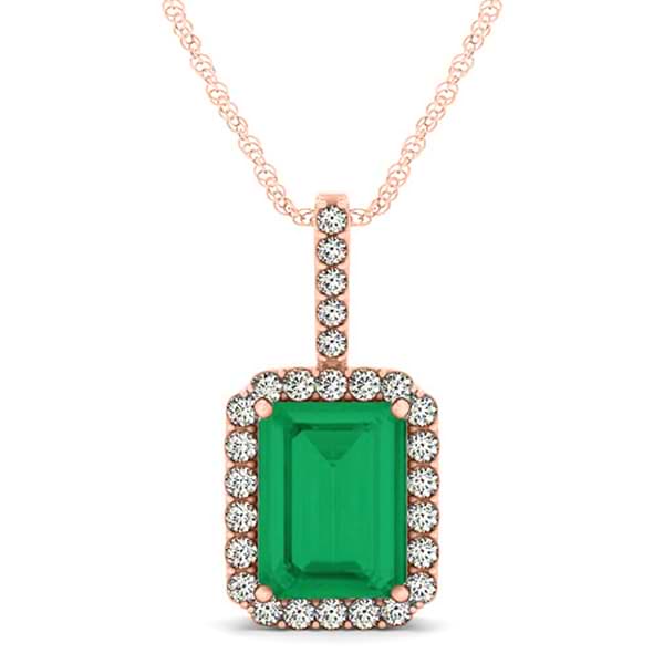 Diamond & Emerald Cut Emerald Halo Pendant Necklace 14k Rose Gold (4.25ct)