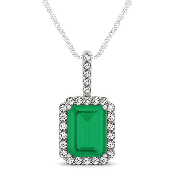 Diamond & Emerald Cut Emerald Halo Pendant Necklace 14k White Gold (4.25ct)