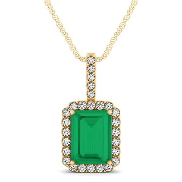 Lab Grown Diamond & Lab Emerald Cut Emerald Halo Pendant 14k Yellow Gold (4.25ct)