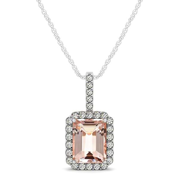 Diamond & Emerald Cut Morganite Halo Pendant Necklace 14k White Gold (1.09ct)
