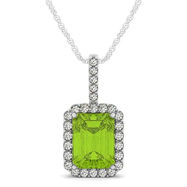 Diamond & Emerald Cut Peridot Halo Pendant Necklace 14k White Gold (4.25ct)