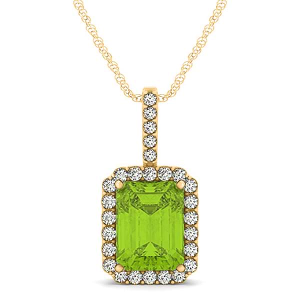 Diamond & Emerald Cut Peridot Halo Pendant Necklace 14k Yellow Gold (4.25ct)