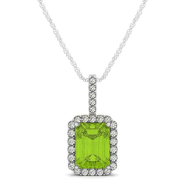 Diamond & Emerald Cut Peridot Halo Pendant Necklace 14k White Gold (1.19ct)