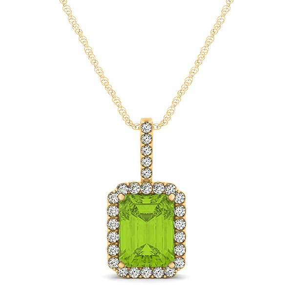 Diamond & Emerald Cut Peridot Halo Pendant Necklace 14k Yellow Gold (1.19ct)