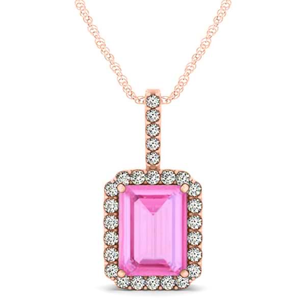 Pink Sapphire Diamond Halo Pendant Necklace 14K Rose Gold