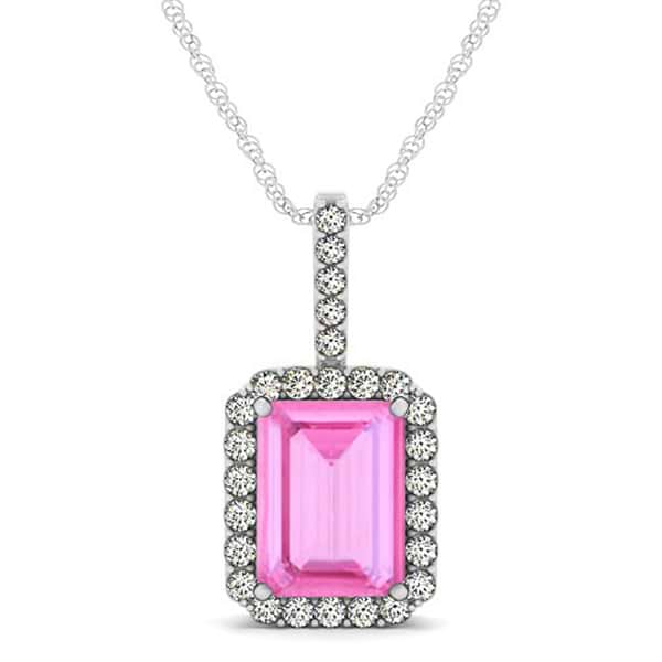 Lab Grown Diamond & Emerald Cut Pink Sapphire Halo Pendant 14k White Gold (4.25ct)