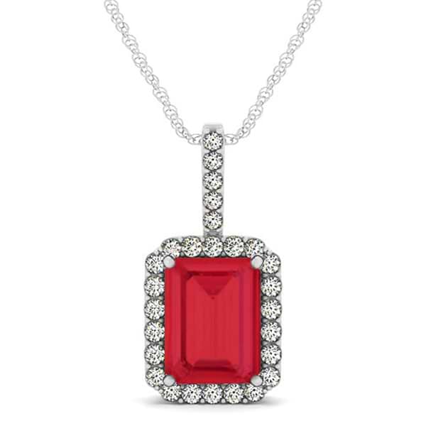 Diamond & Emerald Cut Ruby Halo Pendant Necklace 14k White Gold (4.25ct)