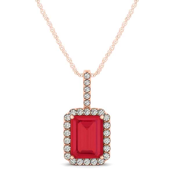 Diamond & Emerald Cut Ruby Halo Pendant Necklace 14k Rose Gold (1.34ct)