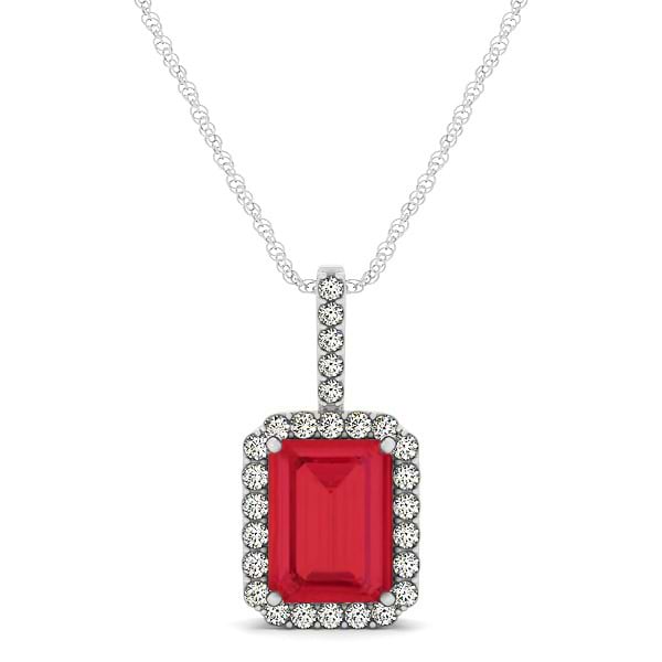 Diamond & Emerald Cut Ruby Halo Pendant Necklace 14k White Gold (1.34ct)