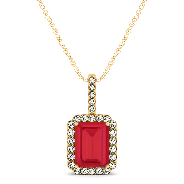Diamond & Emerald Cut Ruby Halo Pendant Necklace 14k Yellow Gold (1.34ct)