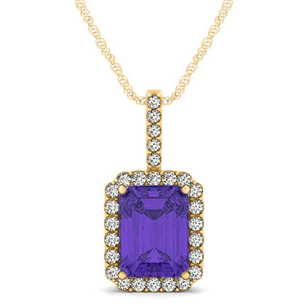 Diamond & Emerald Cut Tanzanite Halo Pendant Necklace 14k Yellow Gold (4.25ct)