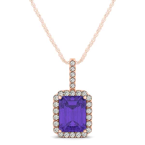 Diamond & Emerald Cut Tanzanite Halo Pendant Necklace 14k Rose Gold (1.34ct)