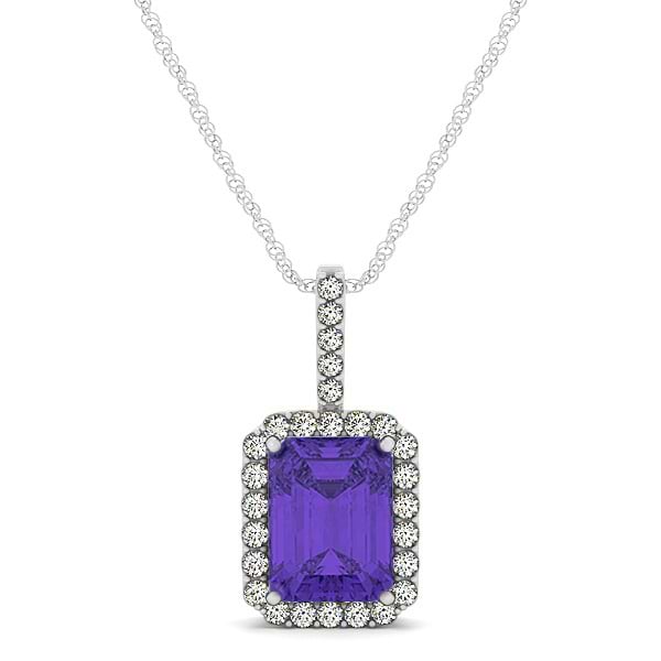 Diamond & Emerald Cut Tanzanite Halo Pendant Necklace 14k White Gold (1.34ct)