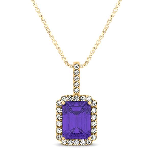 Diamond & Emerald Cut Tanzanite Halo Pendant Necklace 14k Yellow Gold (1.34ct)