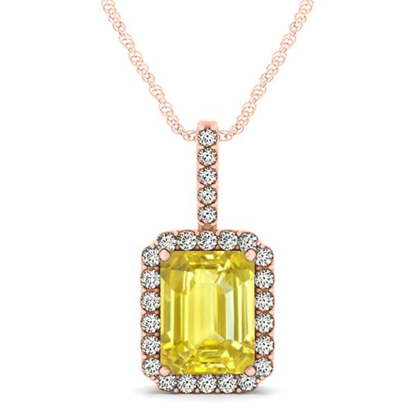 Diamond & Emerald Cut Yellow Sapphire Halo Pendant Necklace 14k Rose Gold (4.25ct)