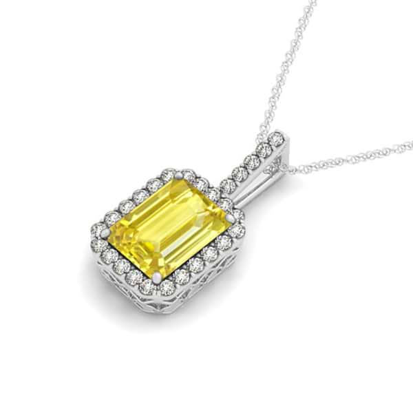 Diamond & Emerald Cut Yellow Sapphire Halo Pendant Necklace 14k White Gold (4.25ct)