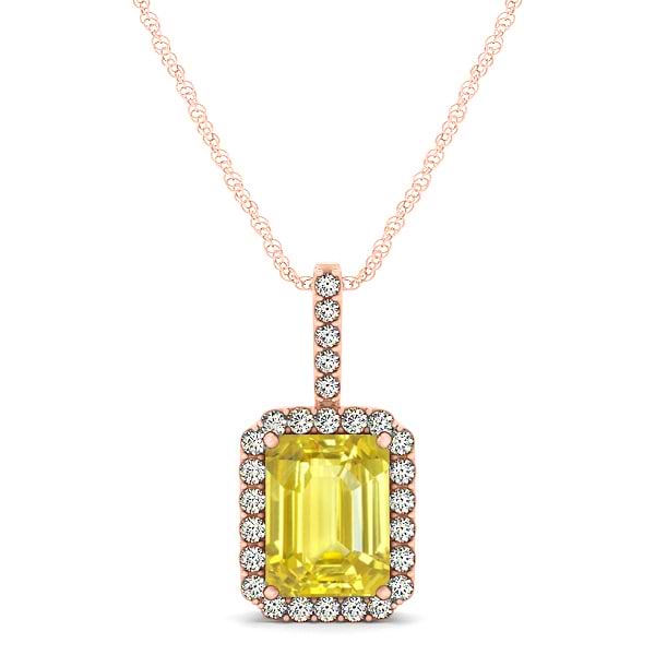 Diamond & Emerald Cut Yellow Sapphire Halo Pendant Necklace 14k Rose Gold (1.34ct)