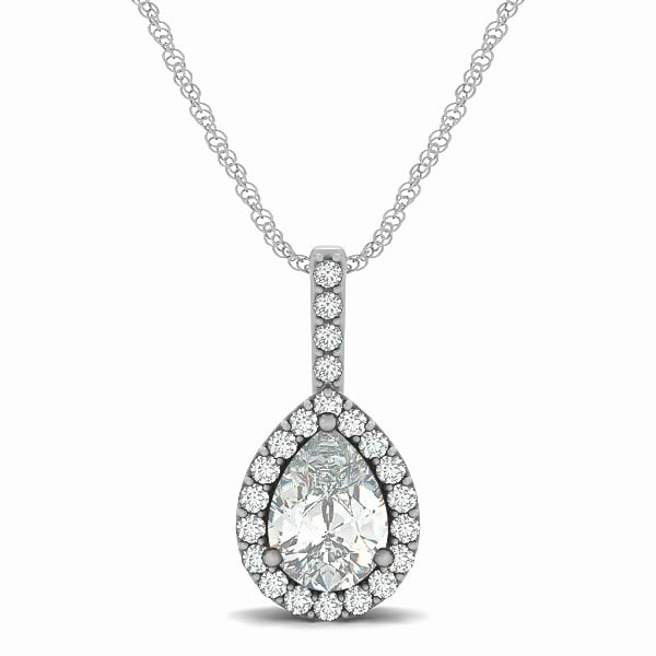 Pear Shape Diamond Halo Pendant Necklace 14k White Gold (1.25ct)