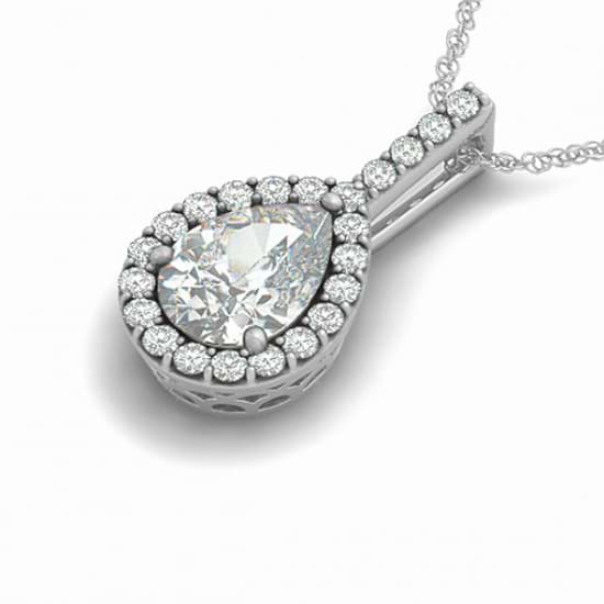 Pear Shape Diamond Halo Pendant Necklace 14k White Gold (2.20ct)